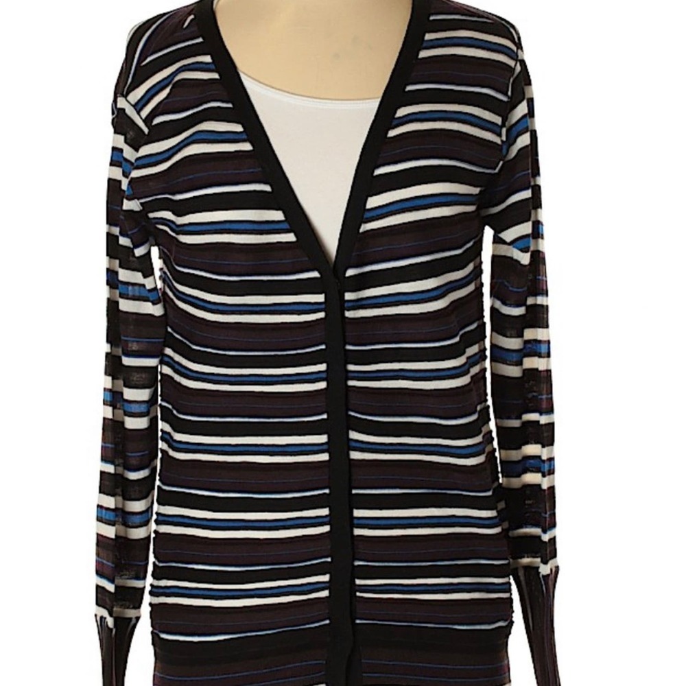 Dorothee Schumacher Striped Cardigan Wool Black White Purple Snap Button Sz 2